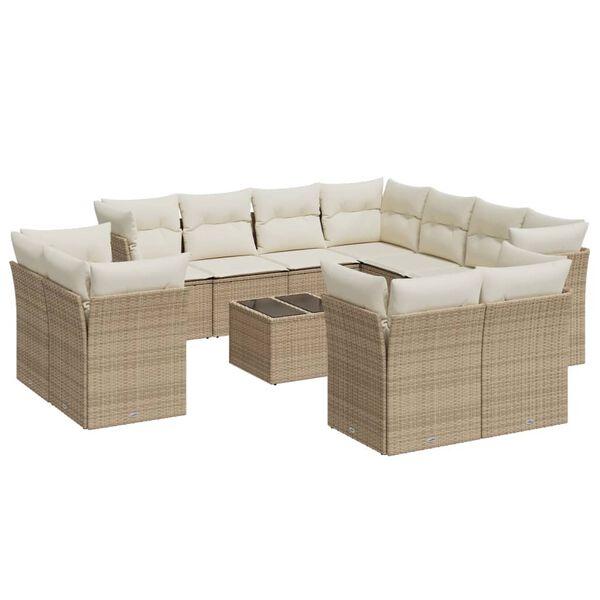 vidaXL 12-tlg. Garten-Sofagarnitur mit Kissen Beige Poly Rattan