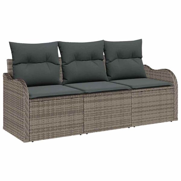 vidaXL Garten-Sofa-Set mit Kissen mit Speicher 3 pcs Grau Poly Rattan