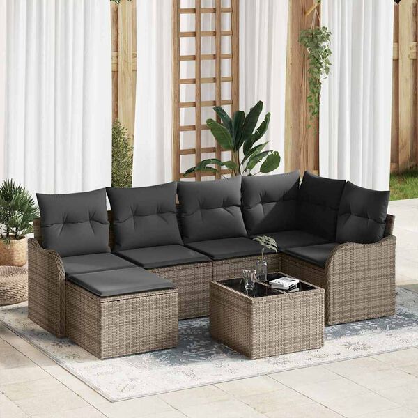 vidaXL Garten-Sofa-Set mit Kissen 7 pcs Grau Poly Rattan
