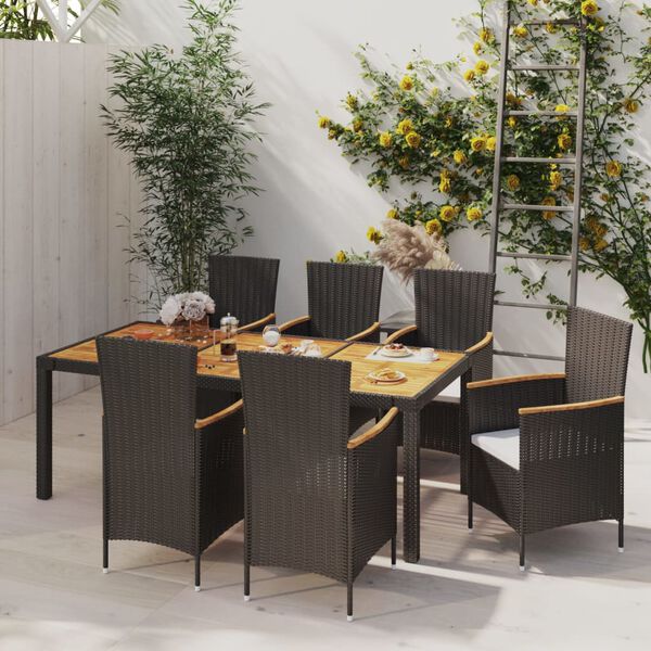 vidaXL 7-tlg. Garten-Essgruppe mit Auflagen Poly Rattan Schwarz