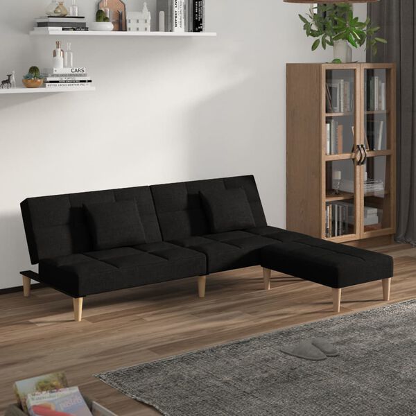 vidaXL Schlafsofa 2-Sitzer mit 2 Kissen & Hocker Schwarz Stoff