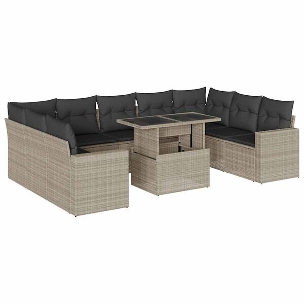 vidaXL 10-tlg. Garten-Sofagarnitur mit Kissen Hellgrau Poly Rattan