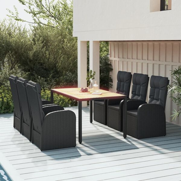 vidaXL 7-tlg. Garten-Essgruppe mit Kissen Schwarz Poly Rattan