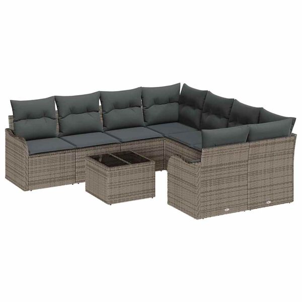 vidaXL Gartensofa-set mit Kissen mit Speicher 9 pcs Grau Poly-Rattan