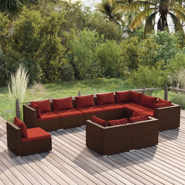 vidaXL 10-tlg. Garten-Lounge-Set mit Kissen Poly Rattan Braun
