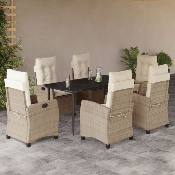 vidaXL 7-tlg. Garten-Essgruppe mit Kissen Beige Poly Rattan