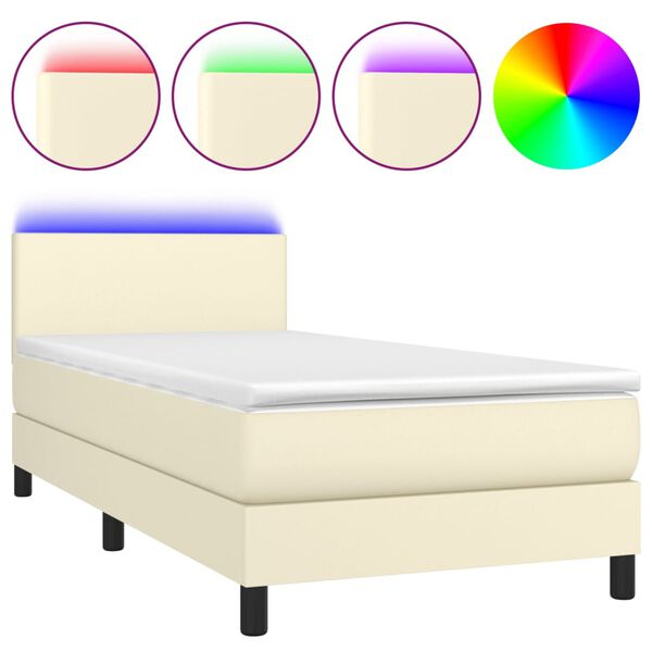 vidaXL Boxspringbett mit Matratze & LED Creme 90x190 cm Kunstleder