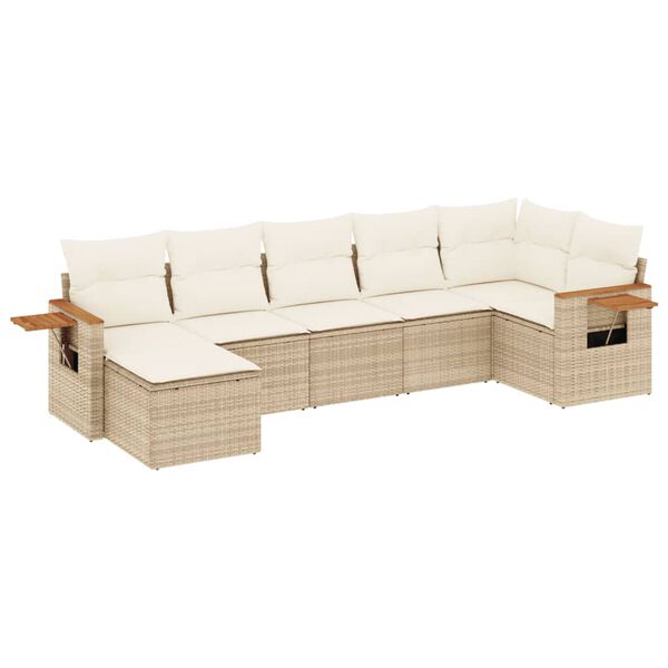 vidaXL 7-tlg. Garten-Sofagarnitur mit Kissen Beige Poly Rattan
