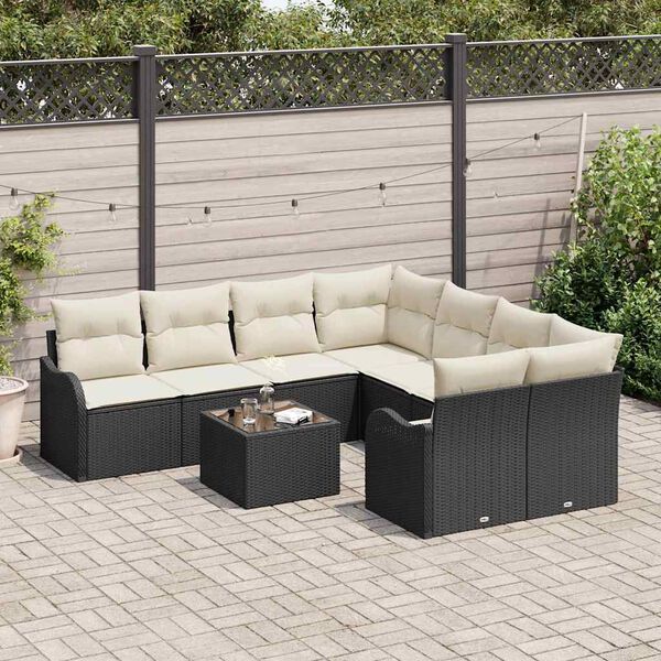 vidaXL Gartensofa-set mit Kissen mit Speicher 9 pcs Schwarz und Creme