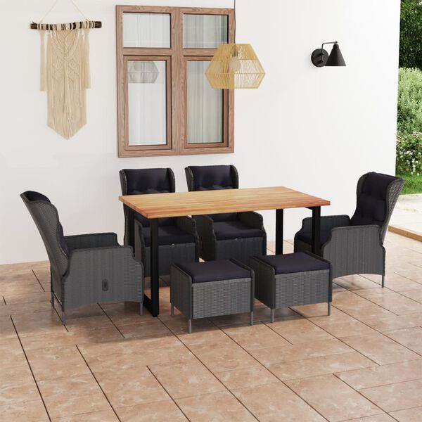 vidaXL 7-tlg. Garten-Essgruppe mit Kissen Poly Rattan Dunkelgrau