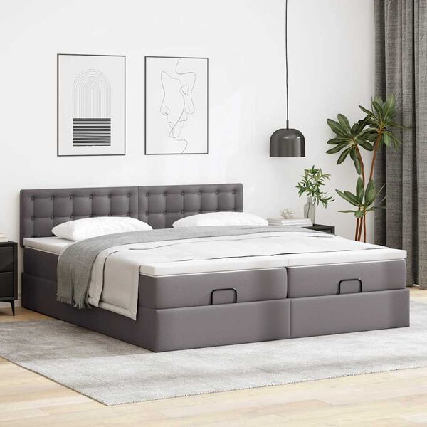 vidaXL Ottoman-Bett mit Matratzen Grau 200x200 cm Kunstleder