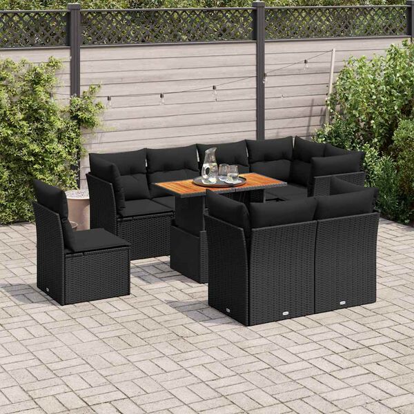 vidaXL 9-tlg. Garten-Sofagarnitur mit Kissen Schwarz Poly Rattan