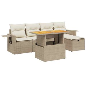 vidaXL 6-tlg. Garten-Sofagarnitur mit Kissen Beige Poly Rattan