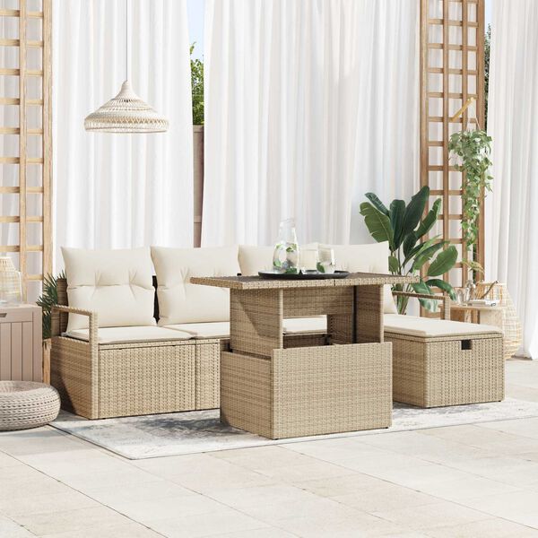 vidaXL Garten-Sofa-Set mit Kissen mit Speicher 6 pcs Beige Poly Rattan