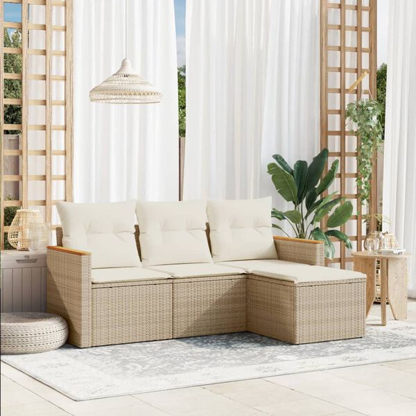 vidaXL 4-tlg. Garten-Sofagarnitur mit Kissen Beige Poly Rattan