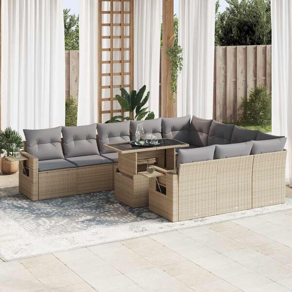 vidaXL 11-tlg. Garten-Sofagarnitur mit Kissen Beige Poly Rattan