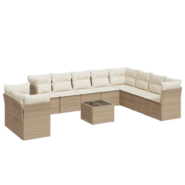 vidaXL 11-tlg. Garten-Sofagarnitur mit Kissen Beige Poly Rattan