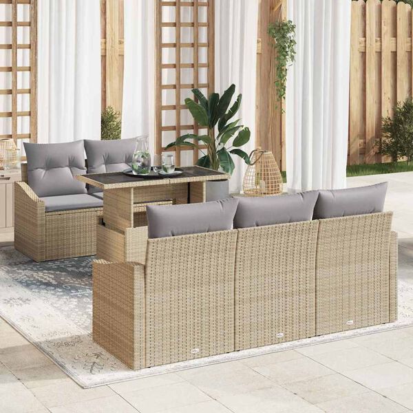 vidaXL Garten-Sofa-Set mit Kissen mit Speicher 6 pcs Beige Poly-Rattan