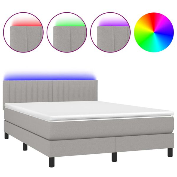 vidaXL Boxspringbett mit Matratze & LED Hellgrau 140x190 cm Stoff