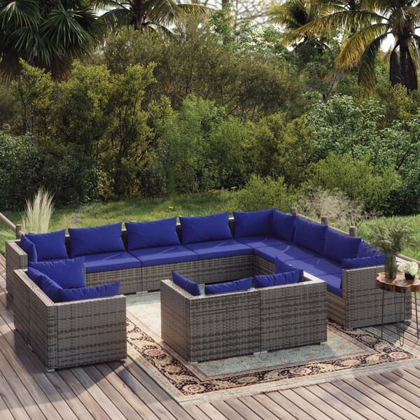 vidaXL 12-tlg. Garten-Lounge-Set mit Kissen Grau Poly Rattan