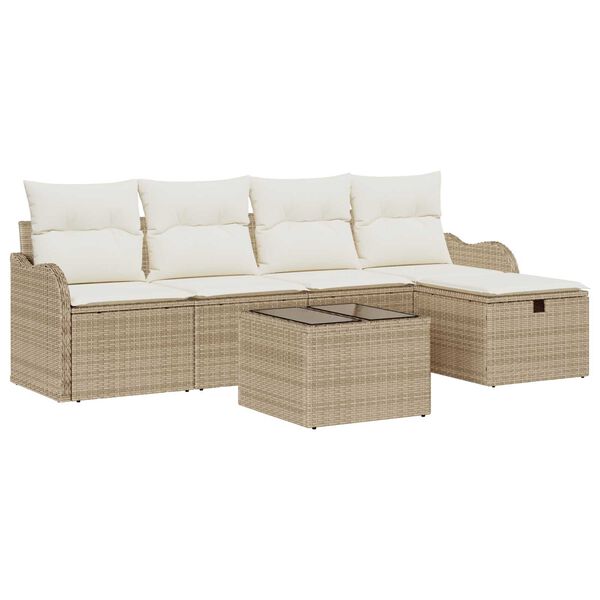 vidaXL Garten-Sofa-Set mit Kissen mit Speicher 6 pcs Beige Poly Rattan