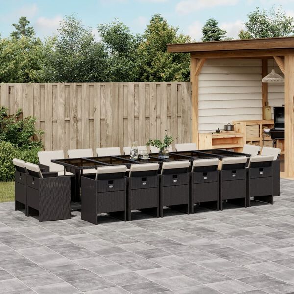 vidaXL 17-tlg. Garten-Essgruppe mit Kissen Schwarz Poly Rattan