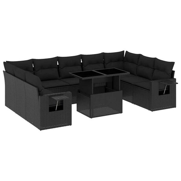 vidaXL 10-tlg. Garten-Sofagarnitur mit Kissen Schwarz Poly Rattan