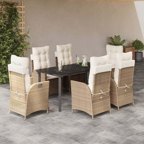 vidaXL 7-tlg. Garten-Essgruppe mit Kissen Beige Poly Rattan