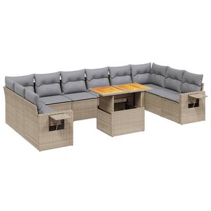 vidaXL 11-tlg. Garten-Sofagarnitur mit Kissen Beige Poly Rattan
