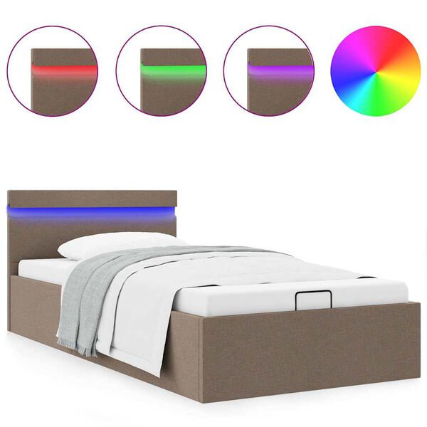 vidaXL Bett mit Bettkasten Hydraulisch mit LED Taupe Stoff 90x200 cm