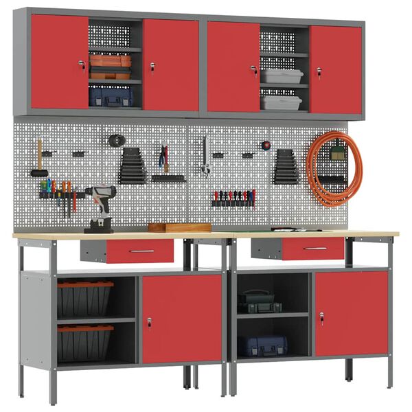 vidaXL Werkbank-Set mit Schubladen 8 pcs Rot 200 x 55 x 200 cm Stahl