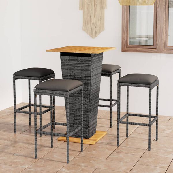 vidaXL 5-tlg. Gartenbar-Set mit Kissen Poly Rattan Grau