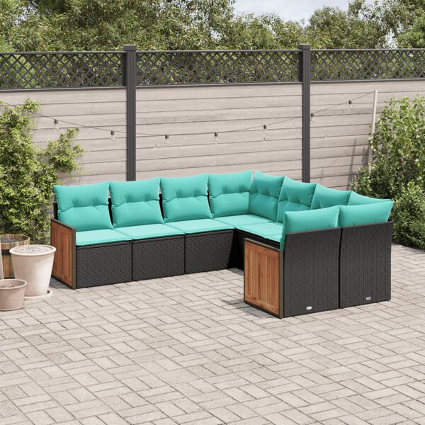 vidaXL 8-teiliges Gartensofa-Set mit Kissen, schwarzes Polyrattan