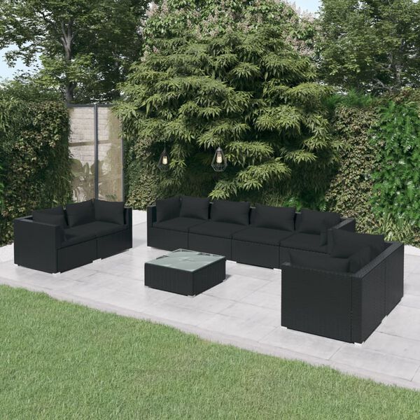 vidaXL 9-tlg. Garten-Lounge-Set mit Kissen Poly Rattan Schwarz