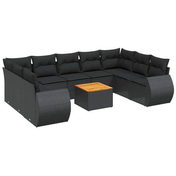 vidaXL 10-tlg. Garten-Sofagarnitur mit Kissen Schwarz Poly Rattan
