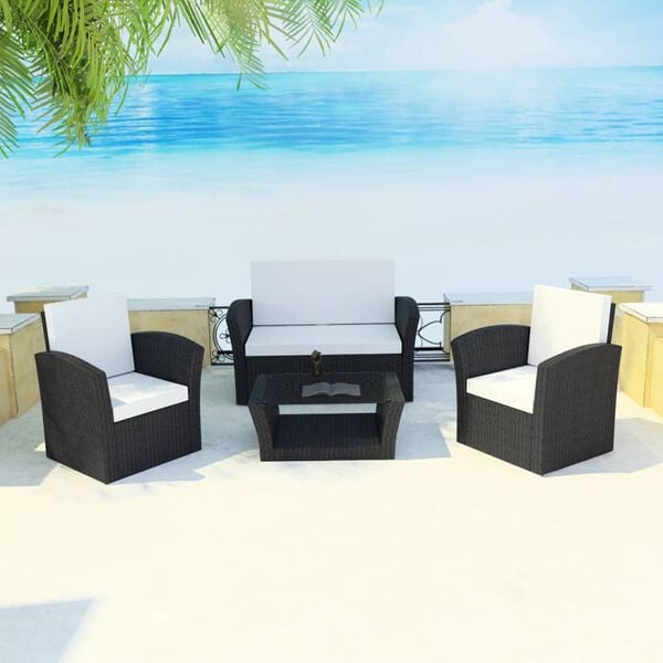 vidaXL 4-tlg. Garten-Lounge-Set mit Kissen Poly Rattan Schwarz