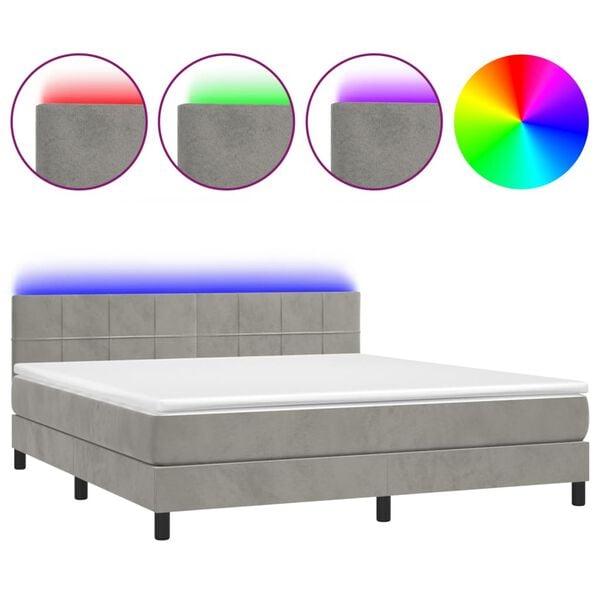vidaXL Boxspringbett mit Matratze & LED Hellgrau 180x200 cm Samt
