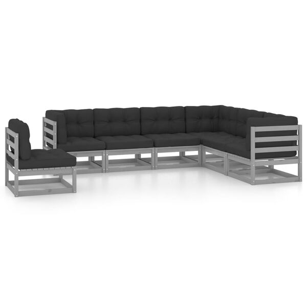 vidaXL 7-tlg. Garten-Lounge-Set mit Kissen Grau Massivholz Kiefer