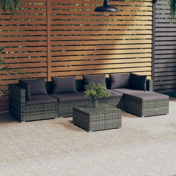 vidaXL 6-tlg. Garten-Lounge-Set mit Kissen Poly Rattan Grau