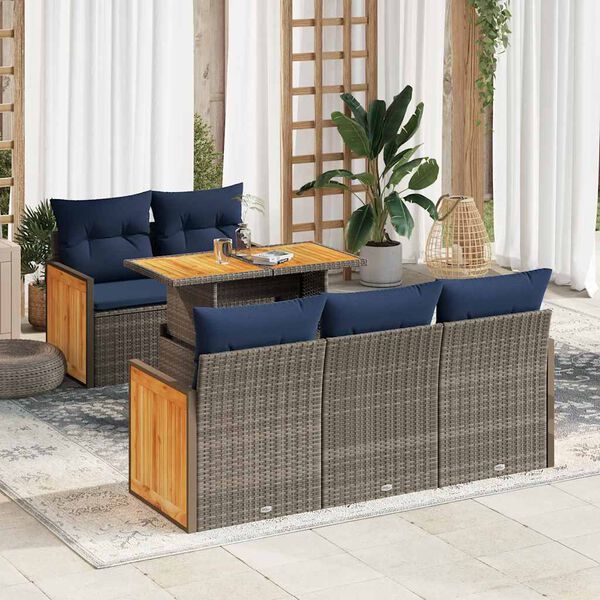vidaXL 6-tlg. Garten-Sofagarnitur mit Kissen Grau Poly Rattan Akazie