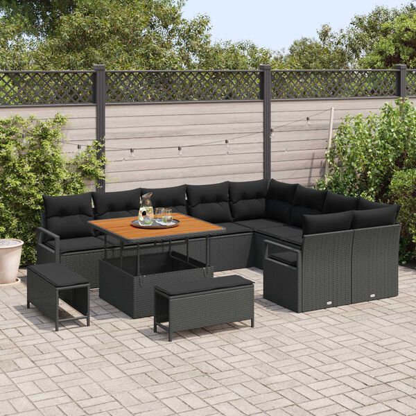 vidaXL Garten-Sofa-Set mit Kissen 12 pcs Schwarz Poly Rattan