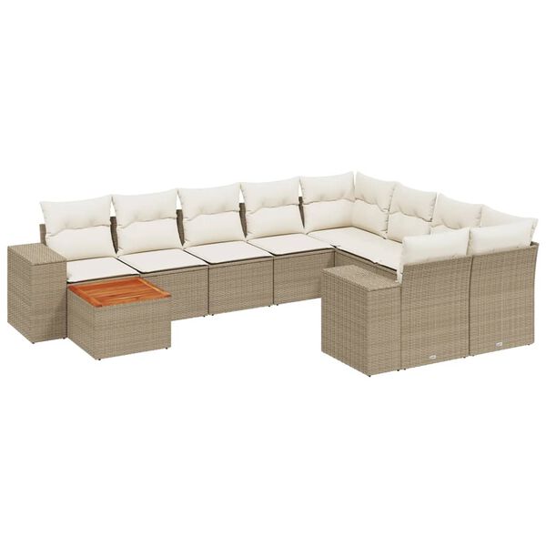vidaXL 10-tlg. Garten-Sofagarnitur mit Kissen Beige Poly Rattan