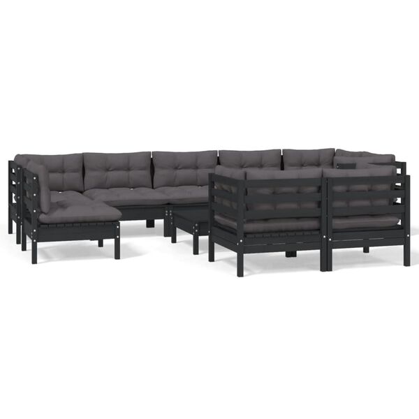 vidaXL 10-tlg. Garten-Lounge-Set mit Kissen Schwarz Massivholz Kiefer
