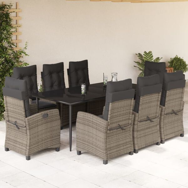 vidaXL 9-tlg. Garten-Essgruppe mit Kissen Grau Poly Rattan