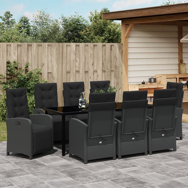 vidaXL Garten Essgruppe mit Kissen 9 pcs Schwarz Poly-Rattan