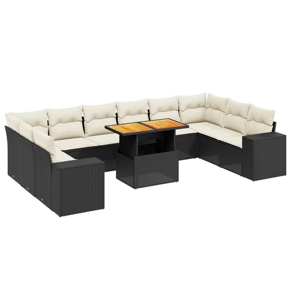 vidaXL 11-tlg. Garten-Sofagarnitur mit Kissen Schwarz Poly Rattan
