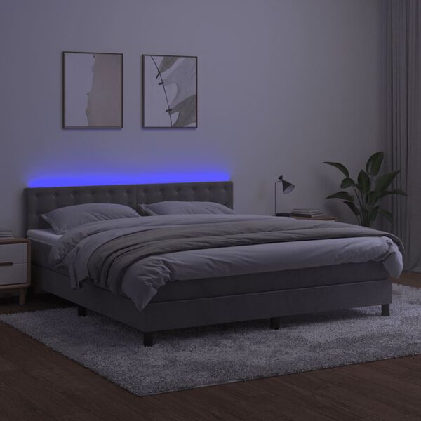vidaXL Boxspringbett mit Matratze & LED Hellgrau 180x200 cm Samt