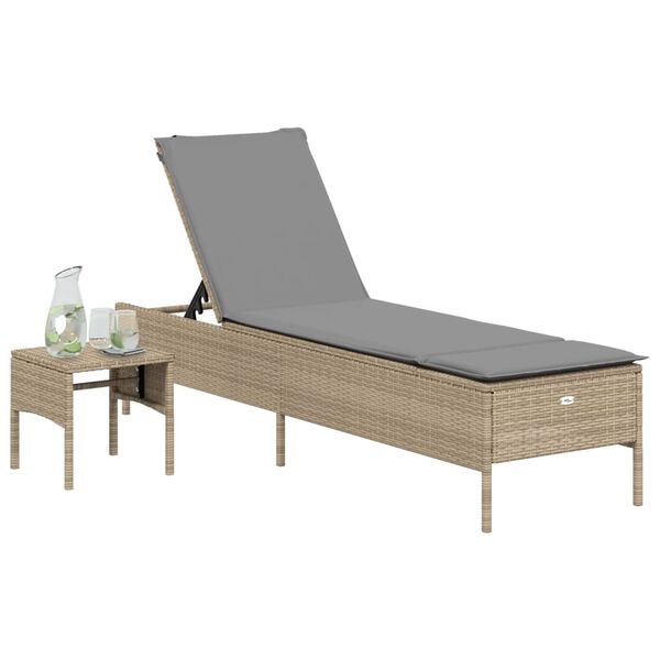 vidaXL Sonnenliege mit Tisch und Auflage Beige Poly Rattan