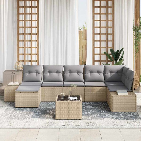 vidaXL Garten-Sofa-Set mit Kissen mit Speicher 7 pcs Beige Poly-Rattan