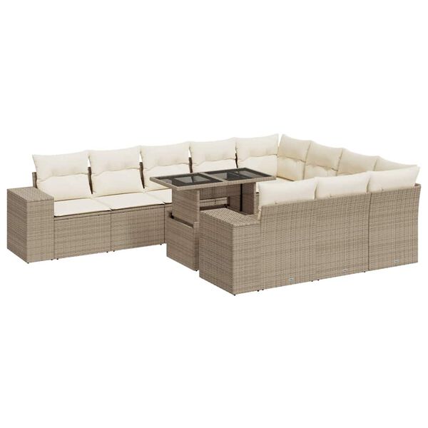 vidaXL 11-tlg. Garten-Sofagarnitur mit Kissen Beige Poly Rattan